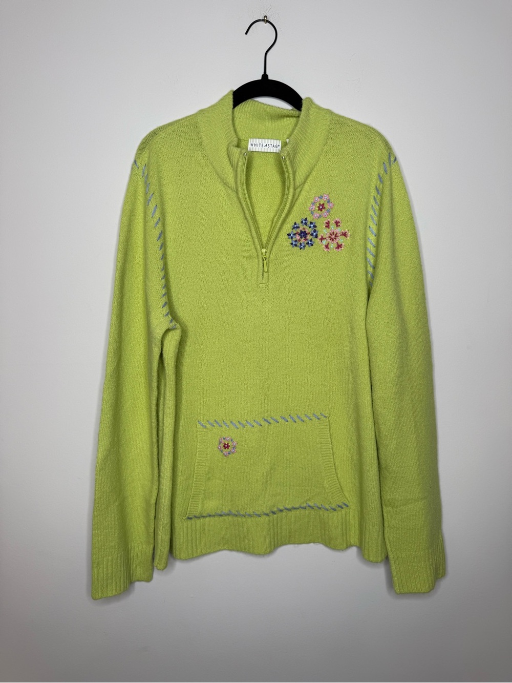 White Stag brand sweater features a lime green color and a quarter-zip